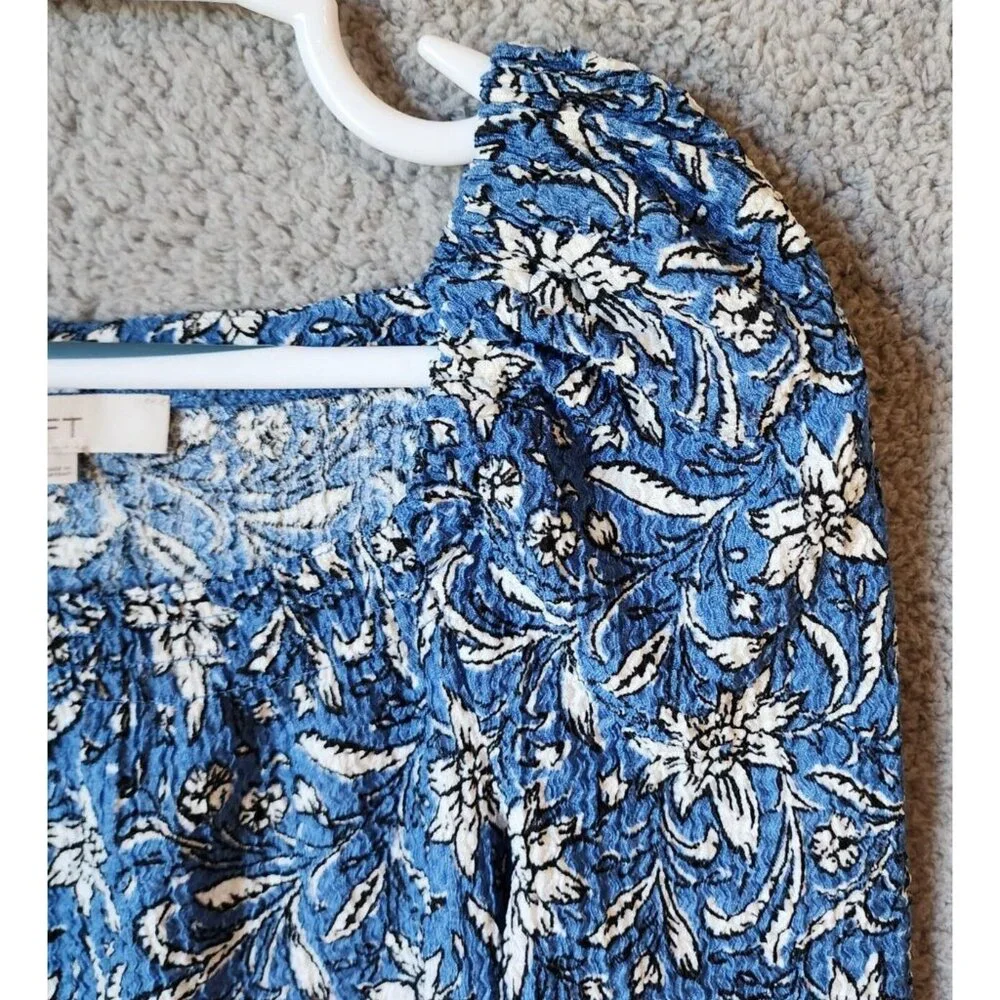 LOFT Women's Square Neck Long Puff Sleeve‎ Blouse Top Blue/White Floral Size S